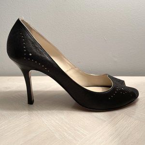 Luciano Padovan Black Peep Toe with Gold Piping Size 7.5
